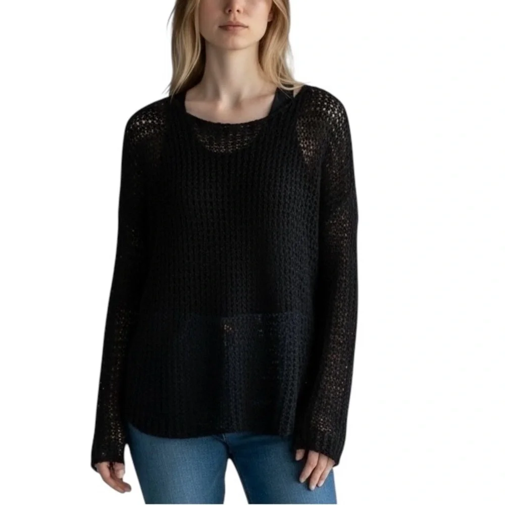 J. Crew Black Open-Knit Crewneck Sweater
